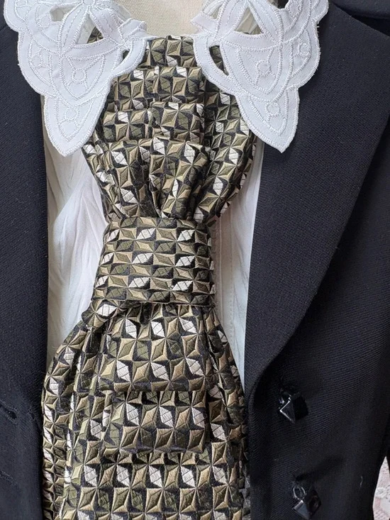 Upcycled Italian Silk Tie Necklace | Gold Geometric Statement - Picture 4 of 6